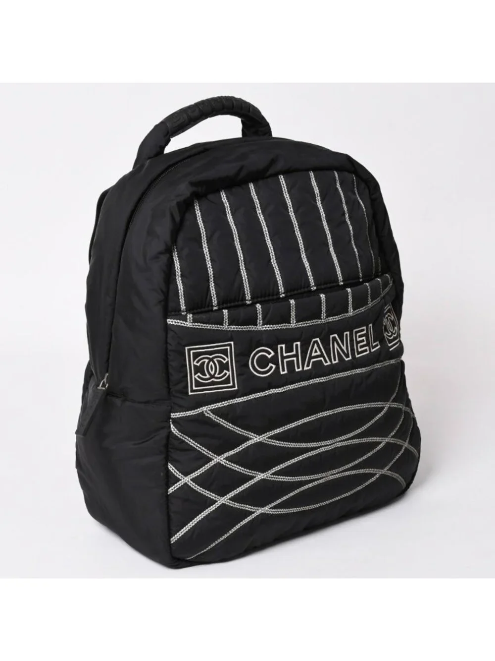 Chanel Sports Line Backpack CC Logo Nylon Stitch Black White